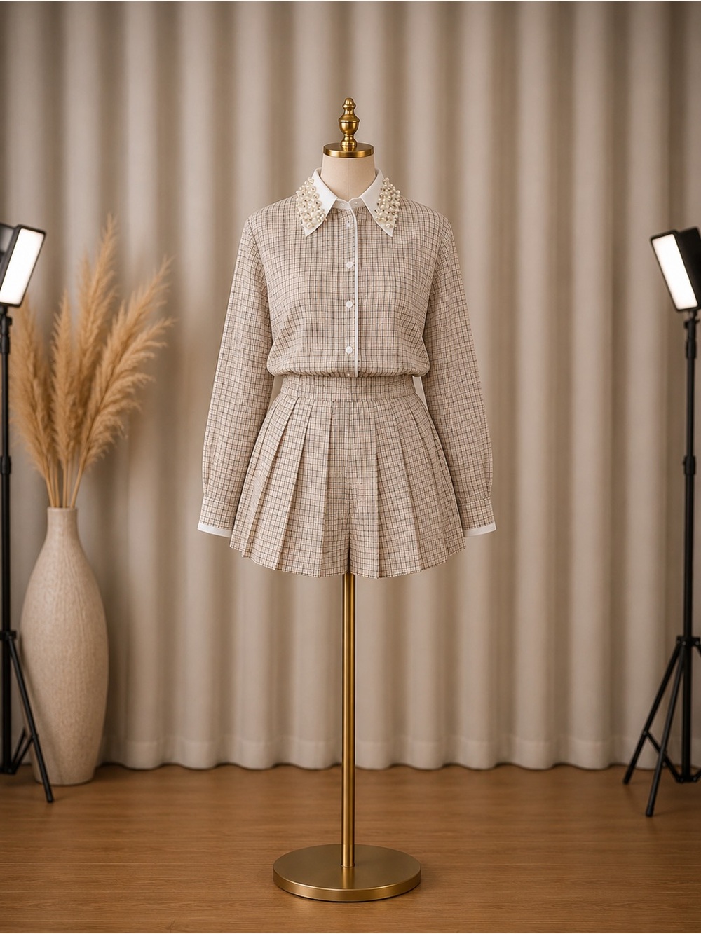 Women’s Beige Plaid Matching Set – Blouse & Pleated Mini Skirt